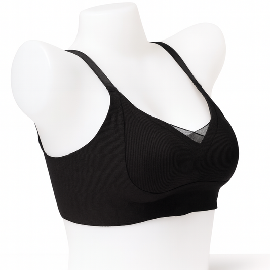 Black Ribbed Wire-Free Bra with Adjustable Straps