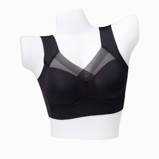 Black Full-Coverage Wire-Free Bra with Mesh Neckline