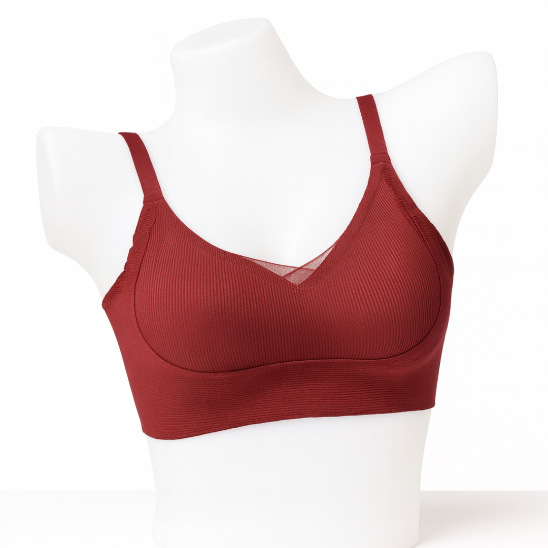 Burgundy Ribbed Wire-Free Bra with Adjustable Straps