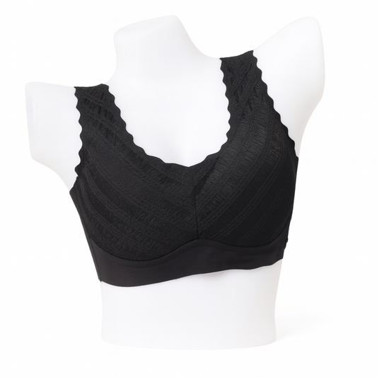 Black Textured Wire-Free Bra with Scalloped Straps