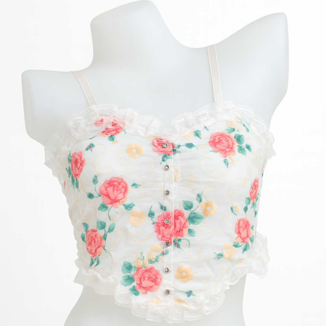 Ivory Floral Pink Embroidery Lace Camisole