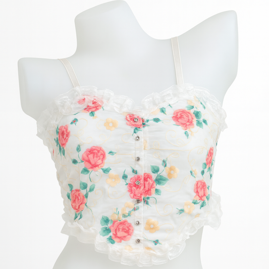 Ivory Floral Pink Embroidery Lace Camisole