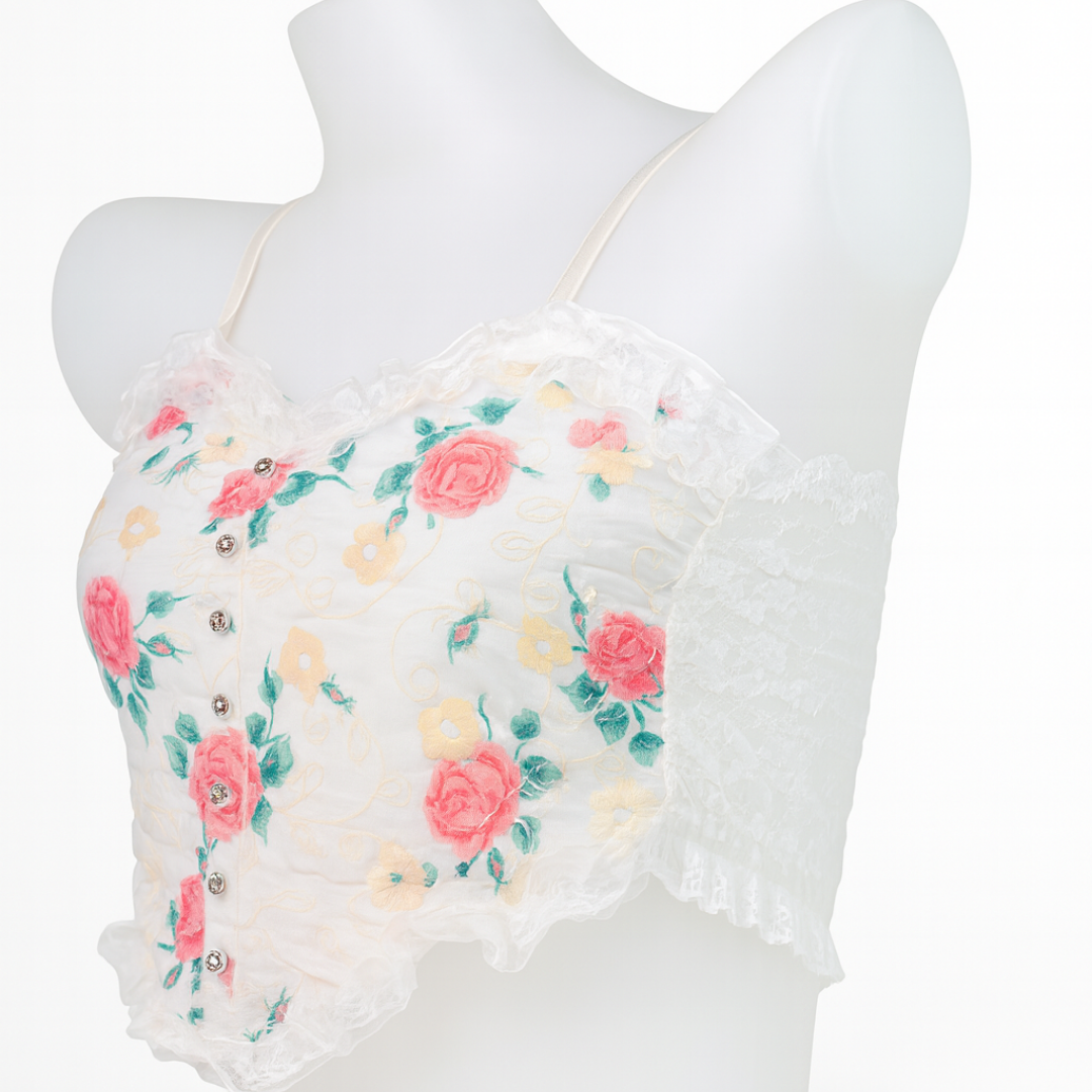 Ivory Floral Pink Embroidery Lace Camisole
